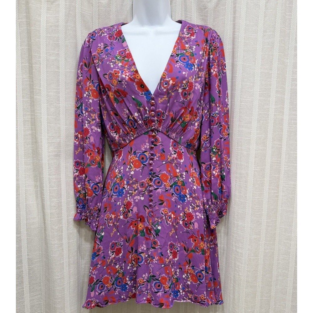 Saloni Eve Mini Dress Lilac Pimpernel Size‎ 4 Floral V-Neck Long Sleeve Cottage